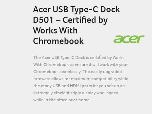 Station d'accueil USB Type-C Acer D501, certifiée Chromebook, GP.DCK11.00E