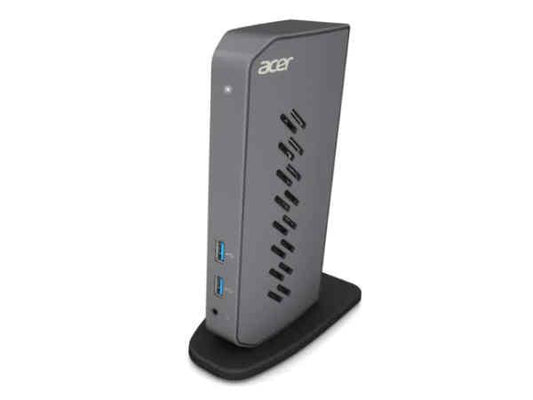 The Acer U301 USB 3.0 Dock provides versatile connectivity with support for dual display output and fast data transfer. It features a combination of USB 3.1, USB 2.0, HDMI, Ethernet, and audio jack interfaces to expand the functionality of compatible laptops or tablets. Ideal for professional workstations, it simplifies cable management and boosts productivity.