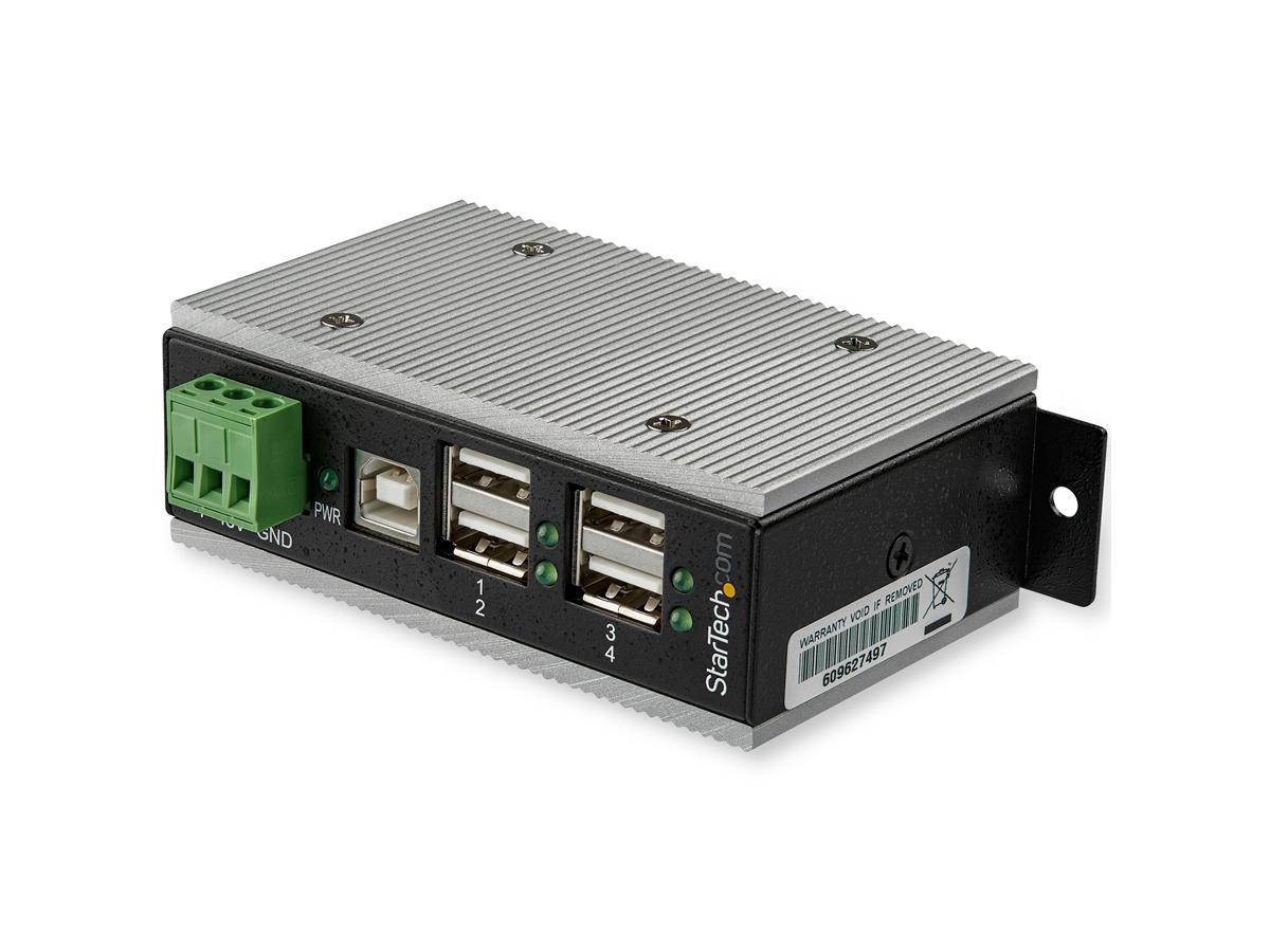 The StarTech HB20A4AME is a rugged 4-port USB 2.0 hub designed for industrial environments. It supports data transfer speeds up to 480Mbps and operates reliably in extreme temperatures, ranging from -40°F to 185°F. Built with 15kV/8kV ESD protection, surge resistance, and housed in a durable enclosure, this hub is ideal for high-demand, mission-critical applications.