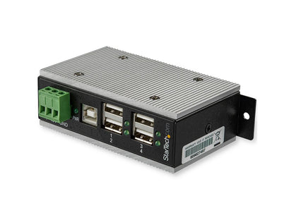 The StarTech HB20A4AME is a rugged 4-port USB 2.0 hub designed for industrial environments. It supports data transfer speeds up to 480Mbps and operates reliably in extreme temperatures, ranging from -40°F to 185°F. Built with 15kV/8kV ESD protection, surge resistance, and housed in a durable enclosure, this hub is ideal for high-demand, mission-critical applications.