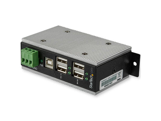 The StarTech HB20A4AME is a rugged 4-port USB 2.0 hub designed for industrial environments. It supports data transfer speeds up to 480Mbps and operates reliably in extreme temperatures, ranging from -40°F to 185°F. Built with 15kV/8kV ESD protection, surge resistance, and housed in a durable enclosure, this hub is ideal for high-demand, mission-critical applications.