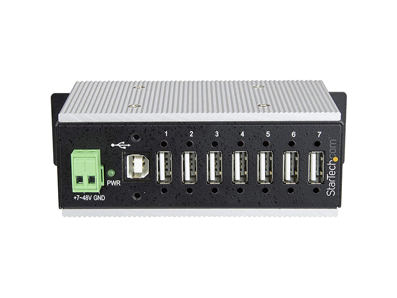 Designed for harsh industrial settings, the StarTech HB20A7AME is a rugged 7-port USB 2.0 hub that ensures stable connectivity with wired, screw-lock Type-A ports. Featuring surge protection up to 350W and an extended operating temperature range (-40°F to 185°F), it’s ideal for demanding applications requiring reliable USB expansion. With DIN and surface mount options, it integrates seamlessly into industrial control panels or IT infrastructure.