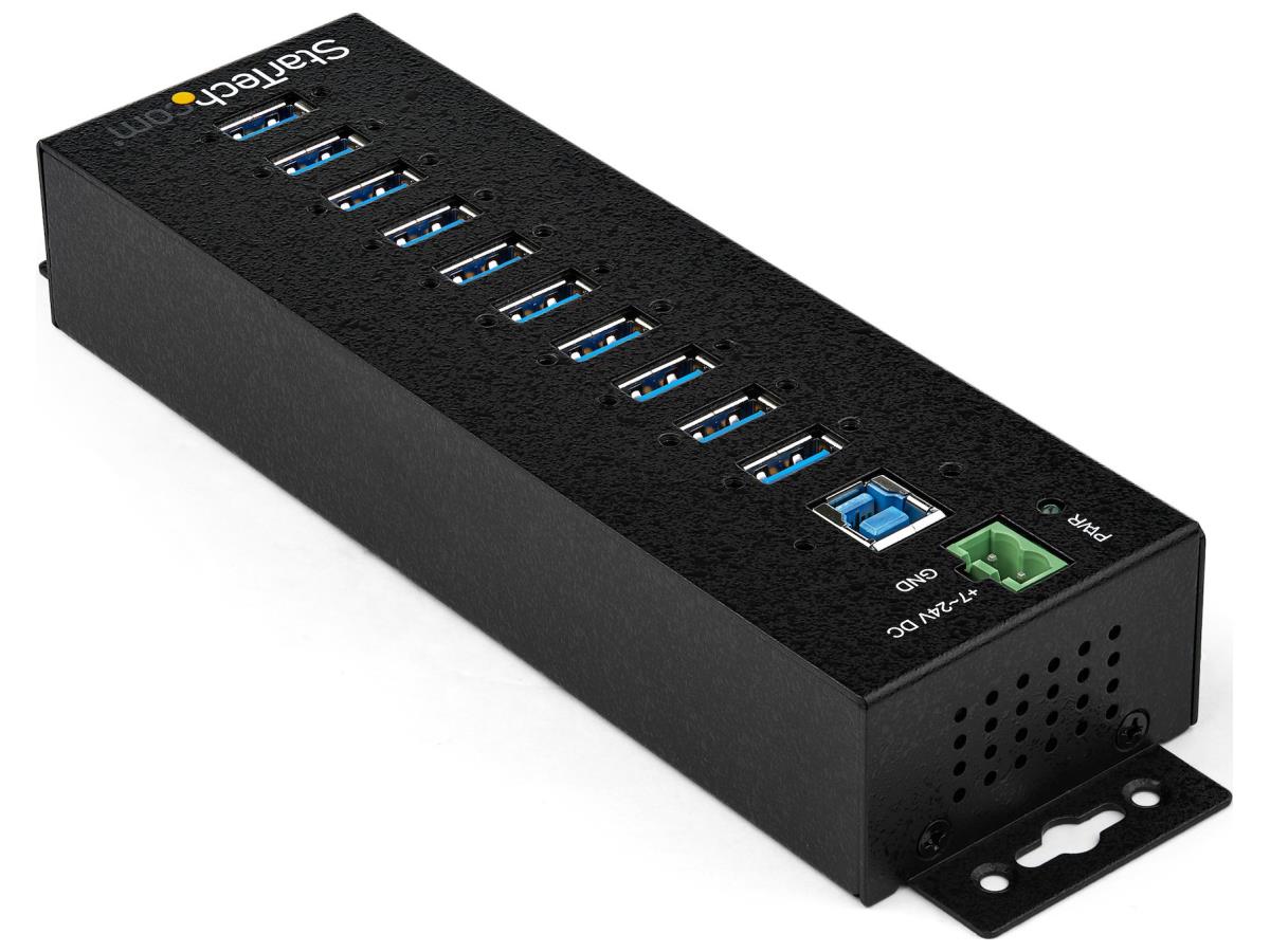 This industrial-grade 10-port USB 3.0 hub from StarTech is engineered for rugged environments, supporting 5Gbps speeds with robust ESD and surge protection. Featuring a durable metal enclosure, flexible mounting options (desktop, wall, DIN rail), and wide voltage input with 50W shared output, it includes both a USB cable and AC adapter. Ideal for professionals needing stable high-speed USB expansion in demanding conditions.