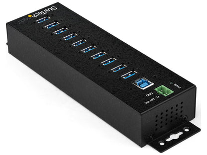 This industrial-grade 10-port USB 3.0 hub from StarTech is engineered for rugged environments, supporting 5Gbps speeds with robust ESD and surge protection. Featuring a durable metal enclosure, flexible mounting options (desktop, wall, DIN rail), and wide voltage input with 50W shared output, it includes both a USB cable and AC adapter. Ideal for professionals needing stable high-speed USB expansion in demanding conditions.