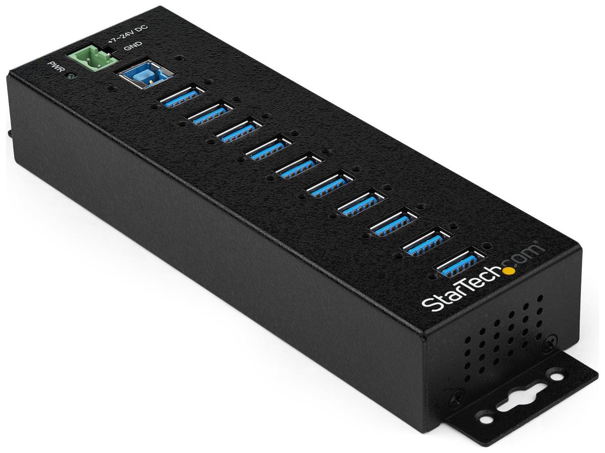 This industrial-grade 10-port USB 3.0 hub from StarTech is engineered for rugged environments, supporting 5Gbps speeds with robust ESD and surge protection. Featuring a durable metal enclosure, flexible mounting options (desktop, wall, DIN rail), and wide voltage input with 50W shared output, it includes both a USB cable and AC adapter. Ideal for professionals needing stable high-speed USB expansion in demanding conditions.