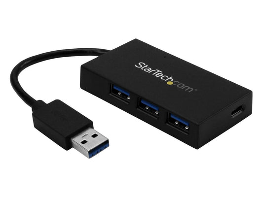 The StarTech 4-Port USB 3.0 Hub connects via USB-A to extend your system with 3 USB Type-A ports and 1 USB-C port, all supporting 5Gbps SuperSpeed transfer rates. This versatile hub is ideal for desktop or portable use, offering flexible power options and compatibility across operating systems. With the included 5V 4A power adapter, users can charge devices up to 2.4A per port with a total output of 20W, making it a reliable solution for high-demand USB peripherals.