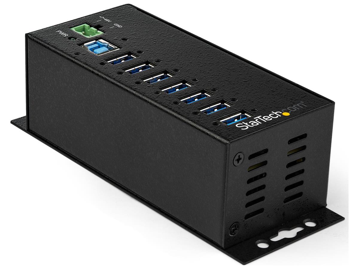 Industrial-grade 7-port USB 3.0 hub with rugged metal housing for reliable performance. Delivers 5 Gbps data transfer rate across seven ports with advanced 15kV air/8kV contact ESD protection and 350W surge shielding. Mountable design with wide +7–48V power input range for versatile deployment.