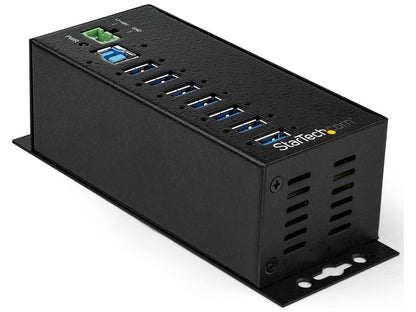 Industrial-grade 7-port USB 3.0 hub with rugged metal housing for reliable performance. Delivers 5 Gbps data transfer rate across seven ports with advanced 15kV air/8kV contact ESD protection and 350W surge shielding. Mountable design with wide +7–48V power input range for versatile deployment.