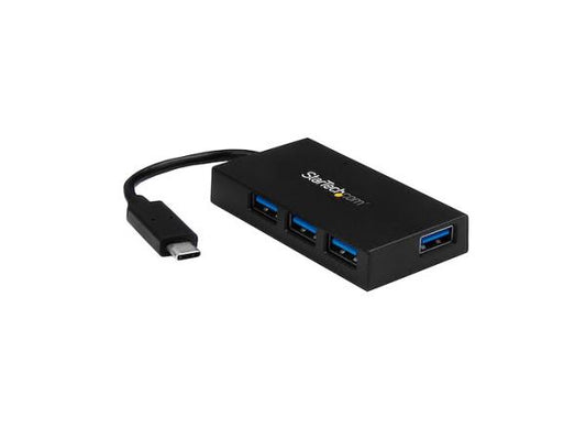 The StarTech 4-Port USB-C Hub connects a USB Type-C host to four USB-A 3.0 ports, supporting SuperSpeed data transfer up to 5Gbps. Designed for both portability and desktop use, it offers flexible power options, including bus and self-powered modes with a 20W max output using an included 5V 4A adapter. OS independent and TAA compliant, this hub is ideal for professional IT and enterprise workflows.