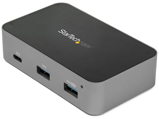 3-Port USB 3.1 Gen 2 Hub with 2 USB-A and 1 USB-C (10Gbps) ports plus integrated Gigabit Ethernet. Includes BC 1.2 charging support, 24W power adapter, and cross-platform compatibility including Windows, macOS, Linux, and iPadOS. Ideal for high-speed connectivity and network extension with mountable desktop design.