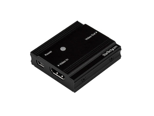 Use this STARTECH HDMI signal booster to amplify your 4K HDMI signal and extend it by up to 30 feet using standard HDMI cables. Compatible with source devices like MacBook and Lenovo X1 Carbon, it supports HDMI 2.0, delivering uncompromised 4K 60Hz video quality. It's also backward compatible with 1080p resolutions at greater distances, making it a versatile solution for home or office A/V setups.