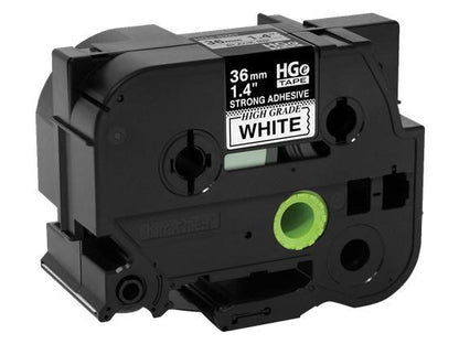 This Brother HGES2615PK label tape pack includes five cartridges of 36mm x 8m durable tape featuring black ink on a white background and extra-strength adhesive. Built for industrial labeling applications, it is TAA compliant and produced in Japan, ensuring reliability and quality. Ideal for professional-grade labeling tasks requiring permanent adhesion.