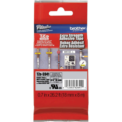 Étiquettes Brother extra-résistantes noires sur argent mat 18 mm, paquet de 5