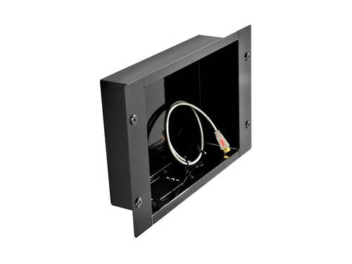 Recessed Cable Management and Power Storage Accessory Box in gloss black epoxy finish. The Peerless IBA2 offers flexible horizontal or vertical installation, made from heavy gauge cold-rolled steel for durability. Includes cable grommets and ties for an organized and professional setup, making it ideal for concealed AV or power routing applications.