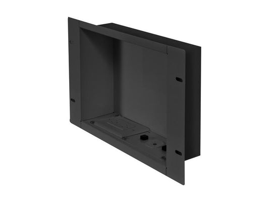 Large Recessed Cable Management and Storage Box with Surge Protected Duplex Power Receptacle, Gloss Black. Designed for clean cable routing and secure AV installations, this TAA-compliant in-wall box supports up to 25 lb and provides flexible mounting in horizontal or vertical orientations.