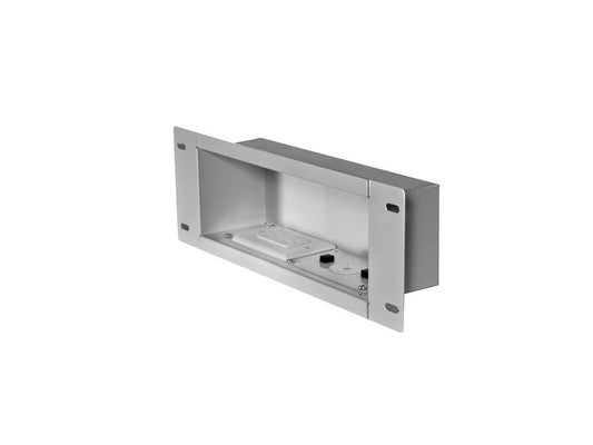 Recessed Cable Management and Power Storage Accessory Box With Surge Protected Duplex Receptacle. Designed for clean cable routing and integration into structured media systems, it supports both vertical and horizontal mounting.