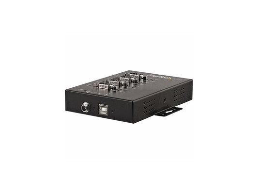 Industrial-grade 4-port USB to serial adapter from StarTech, designed for environments needing multi-protocol flexibility. Each DB9 port can be configured for RS232, RS422, or RS485 (2-wire/4-wire) with transfer rates up to 921.6 Kbps. Engineered with a rugged metal IP30-rated chassis, the adapter supports desk, wall, and DIN rail mounting and includes a 6 ft USB cable and external 12V power adapter.