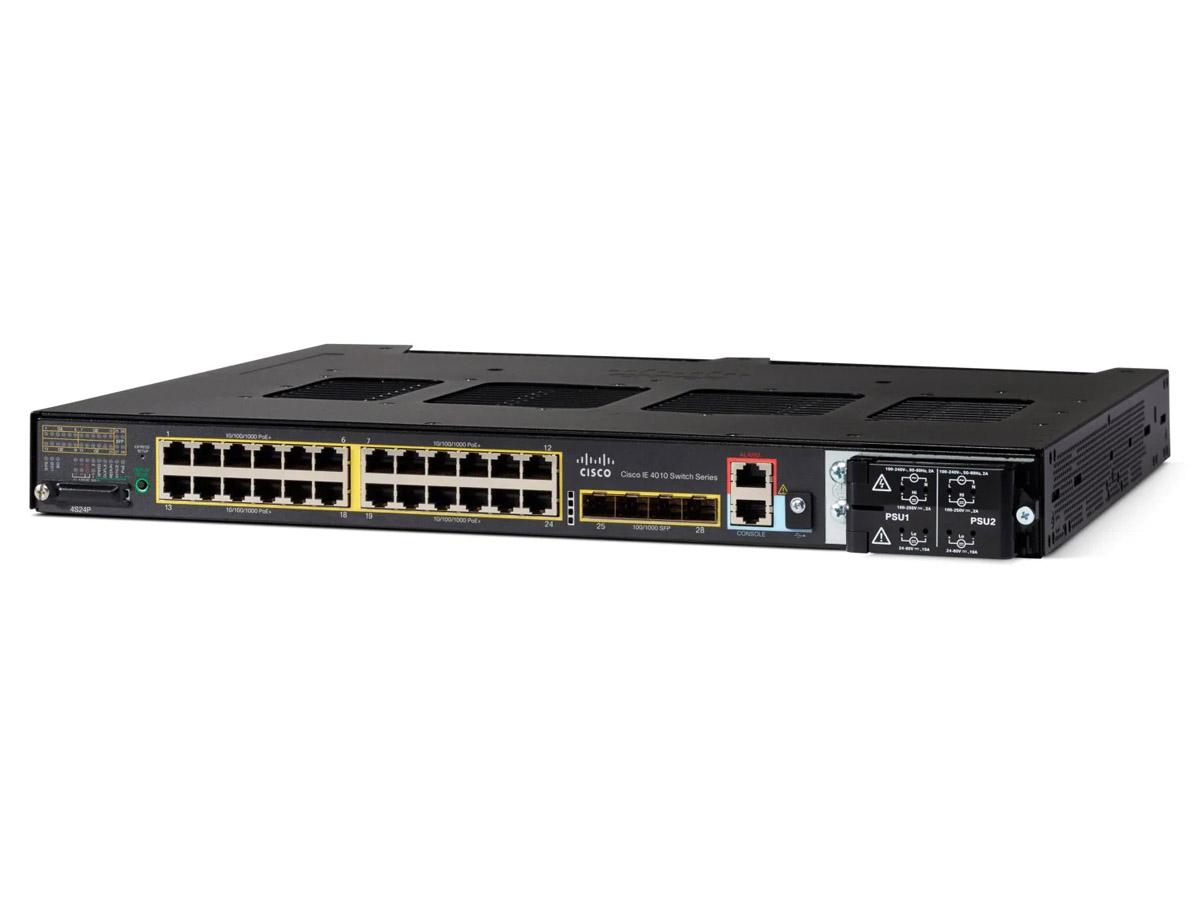 The Cisco IE4010 is a rugged, 28-port managed switch equipped with 24 PoE+ ports and 4 Gigabit SFP uplinks, designed for industrial Ethernet applications. With robust performance capabilities and TAA compliance, it is ideal for demanding industrial environments requiring high reliability and secure network connectivity.