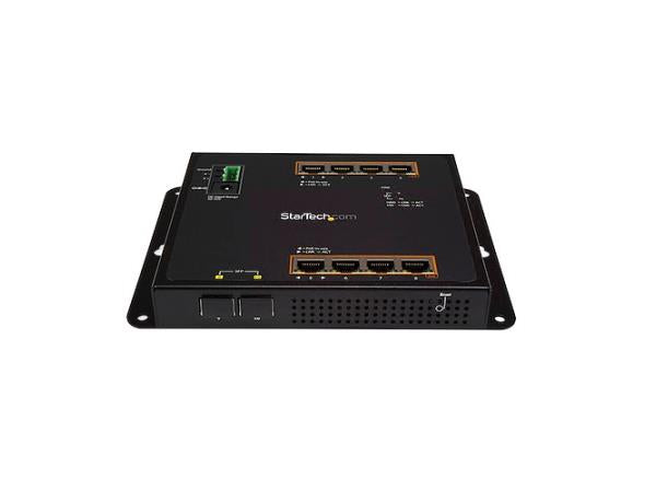 The STARTECH Industrial 8+2 Port Gigabit PoE+ Switch is designed for rugged environments, offering 8 PoE+ RJ45 ports, 2 SFP slots, and IP-30 rated housing. With support for up to 30W per PoE port, an extended temperature range of -40°C to 75°C, and a MTBF of 500,000 hours, this L2 managed switch is built for high reliability in industrial applications. It can be DIN-rail or wall-mounted, giving users flexible deployment options.