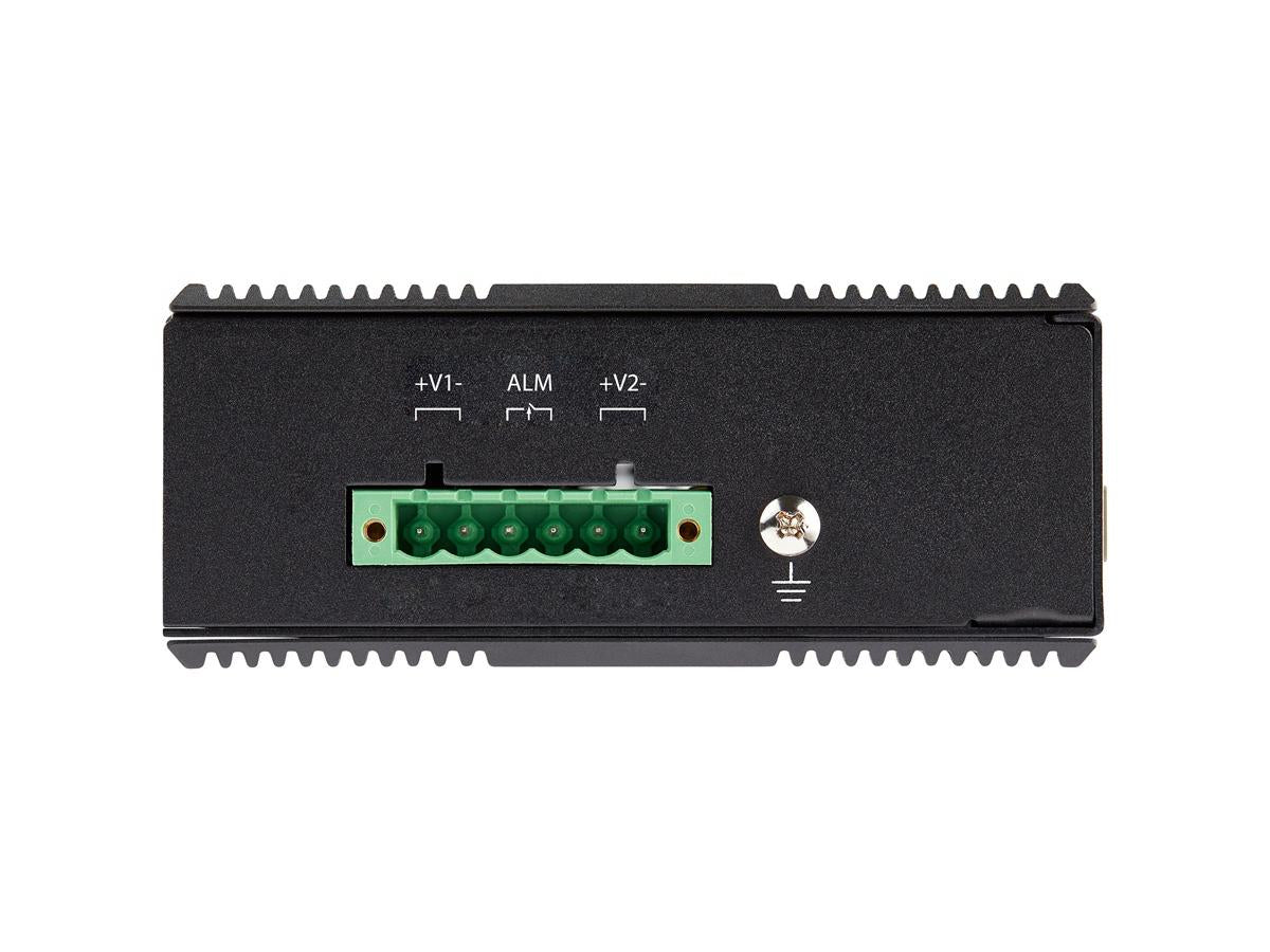 This industrial-grade StarTech 6-port Gigabit PoE+ switch provides high performance and durability in rugged settings. Supporting up to 30W per PoE port across 4 ports and operating in extreme temperatures from -40°C to 75°C, it's tailored for harsh environments. The switch features a robust steel IP-30 housing, shock and vibration ratings, and two open SFP slots for scalability.