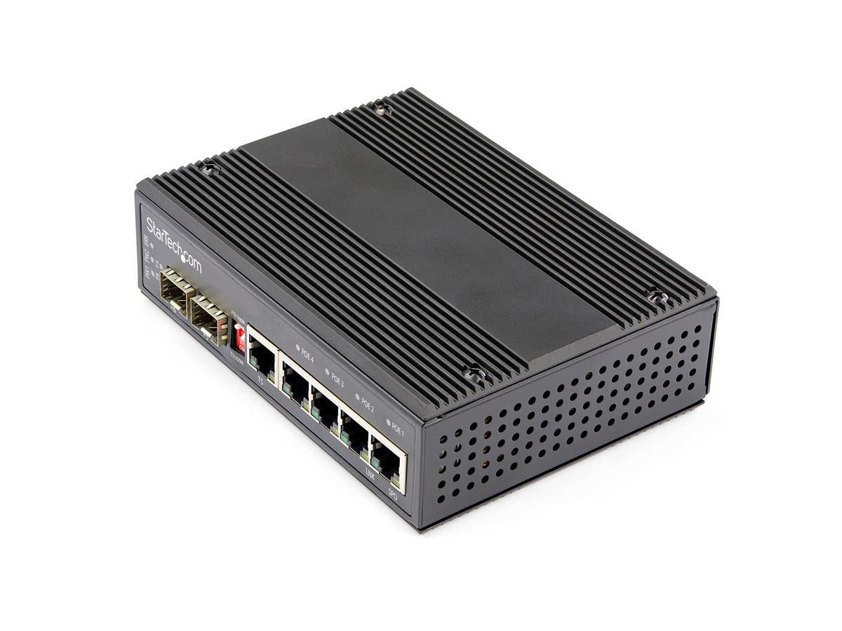 This industrial-grade StarTech 6-port Gigabit PoE+ switch provides high performance and durability in rugged settings. Supporting up to 30W per PoE port across 4 ports and operating in extreme temperatures from -40°C to 75°C, it's tailored for harsh environments. The switch features a robust steel IP-30 housing, shock and vibration ratings, and two open SFP slots for scalability.