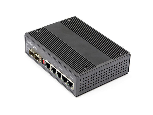This industrial-grade StarTech 6-port Gigabit PoE+ switch provides high performance and durability in rugged settings. Supporting up to 30W per PoE port across 4 ports and operating in extreme temperatures from -40°C to 75°C, it's tailored for harsh environments. The switch features a robust steel IP-30 housing, shock and vibration ratings, and two open SFP slots for scalability.