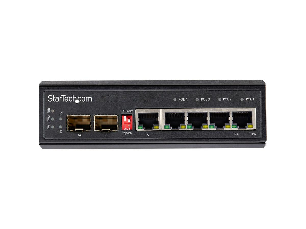 This industrial-grade StarTech 6-port Gigabit PoE+ switch provides high performance and durability in rugged settings. Supporting up to 30W per PoE port across 4 ports and operating in extreme temperatures from -40°C to 75°C, it's tailored for harsh environments. The switch features a robust steel IP-30 housing, shock and vibration ratings, and two open SFP slots for scalability.