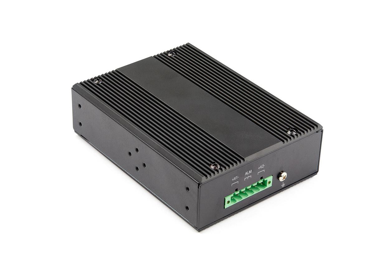 This industrial-grade StarTech 6-port Gigabit PoE+ switch provides high performance and durability in rugged settings. Supporting up to 30W per PoE port across 4 ports and operating in extreme temperatures from -40°C to 75°C, it's tailored for harsh environments. The switch features a robust steel IP-30 housing, shock and vibration ratings, and two open SFP slots for scalability.