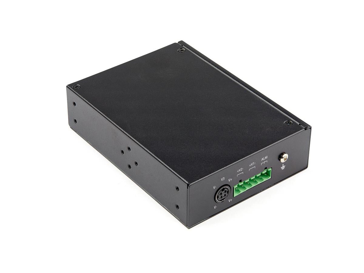 The StarTech IES1G52UPDIN is a rugged, industrial-grade 6-port Gigabit Ethernet switch built to operate in demanding environments with high power-over-Ethernet (PoE+) support. Featuring four PoE+ RJ-45 ports and two SFP slots, this unmanaged switch is ideal for dynamic deployment in environments requiring high uptime, with a hardened IP-30-rated housing and MTBF of over 500,000 hours.