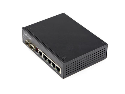 The StarTech IES1G52UPDIN is a rugged, industrial-grade 6-port Gigabit Ethernet switch built to operate in demanding environments with high power-over-Ethernet (PoE+) support. Featuring four PoE+ RJ-45 ports and two SFP slots, this unmanaged switch is ideal for dynamic deployment in environments requiring high uptime, with a hardened IP-30-rated housing and MTBF of over 500,000 hours.