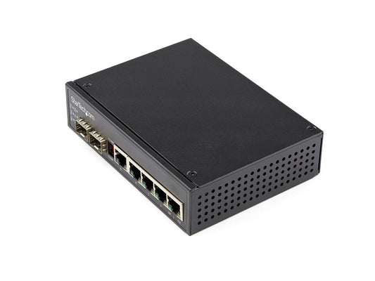 The StarTech IES1G52UPDIN is a rugged, industrial-grade 6-port Gigabit Ethernet switch built to operate in demanding environments with high power-over-Ethernet (PoE+) support. Featuring four PoE+ RJ-45 ports and two SFP slots, this unmanaged switch is ideal for dynamic deployment in environments requiring high uptime, with a hardened IP-30-rated housing and MTBF of over 500,000 hours.