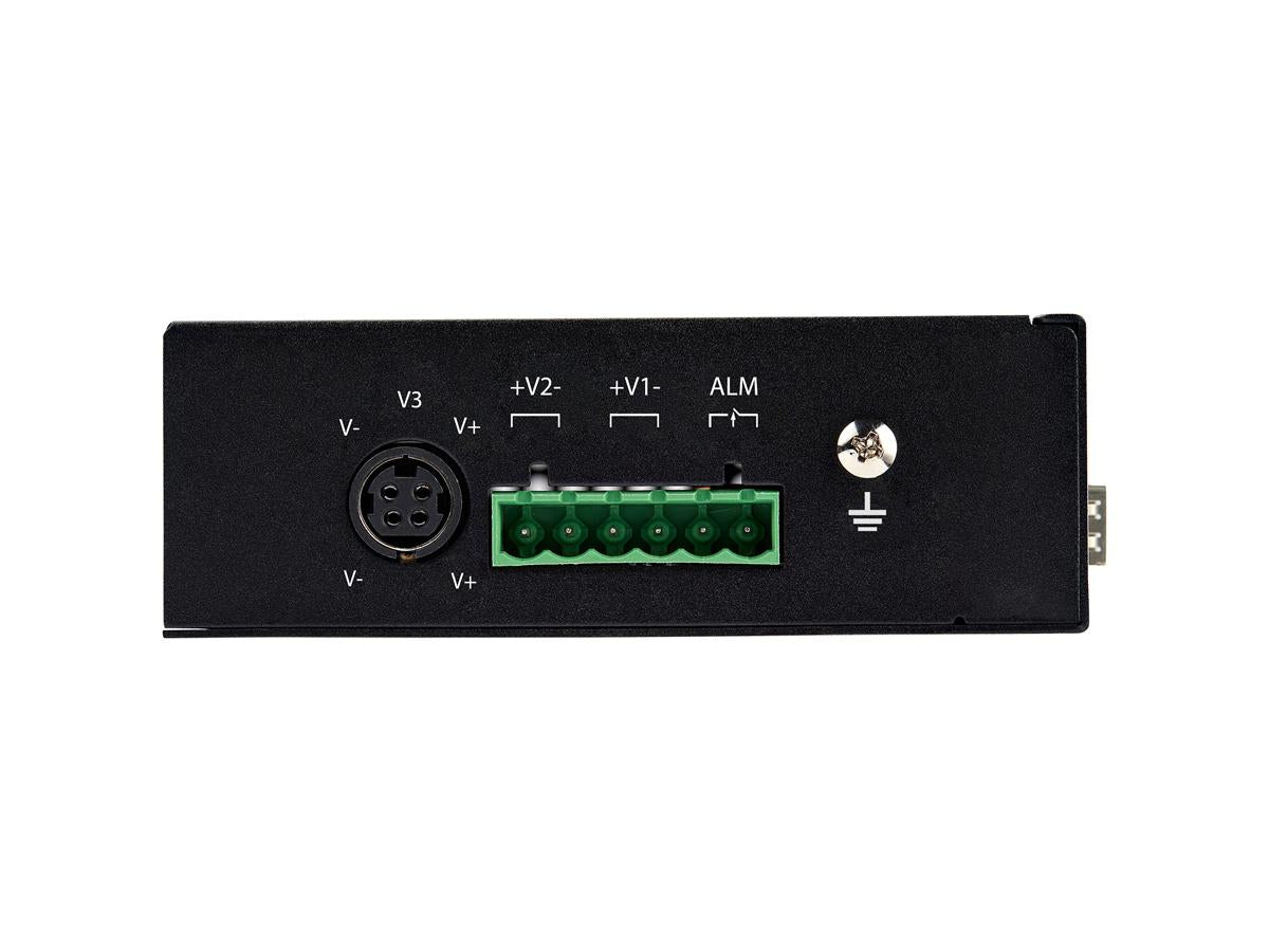 The StarTech IES1G52UPDIN is a rugged, industrial-grade 6-port Gigabit Ethernet switch built to operate in demanding environments with high power-over-Ethernet (PoE+) support. Featuring four PoE+ RJ-45 ports and two SFP slots, this unmanaged switch is ideal for dynamic deployment in environments requiring high uptime, with a hardened IP-30-rated housing and MTBF of over 500,000 hours.