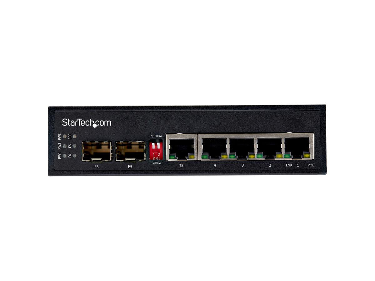 The StarTech IES1G52UPDIN is a rugged, industrial-grade 6-port Gigabit Ethernet switch built to operate in demanding environments with high power-over-Ethernet (PoE+) support. Featuring four PoE+ RJ-45 ports and two SFP slots, this unmanaged switch is ideal for dynamic deployment in environments requiring high uptime, with a hardened IP-30-rated housing and MTBF of over 500,000 hours.