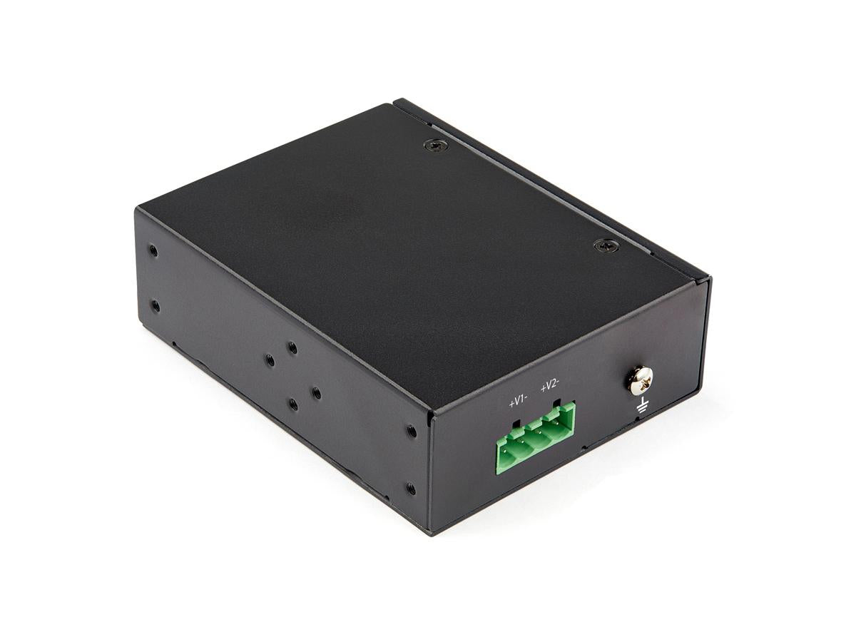 This industrial-grade 5-port Gigabit PoE+ switch by StarTech delivers up to 30W PSE power per port, supporting IEEE 802.3af/at standards for high-performance Power over Ethernet. Designed for extreme environments, it offers an IP-30 rating, robust aluminum housing, and redundant power inputs for uninterrupted operation in mission-critical deployments. The switch supports temperatures from -40°C to 75°C, making it ideal for industrial, factory floor, and outdoor cabinet use.