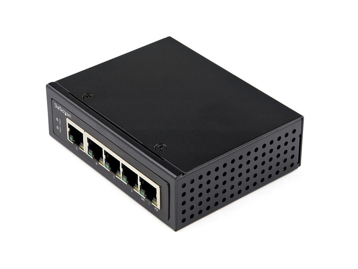 This industrial-grade 5-port Gigabit PoE+ switch by StarTech delivers up to 30W PSE power per port, supporting IEEE 802.3af/at standards for high-performance Power over Ethernet. Designed for extreme environments, it offers an IP-30 rating, robust aluminum housing, and redundant power inputs for uninterrupted operation in mission-critical deployments. The switch supports temperatures from -40°C to 75°C, making it ideal for industrial, factory floor, and outdoor cabinet use.