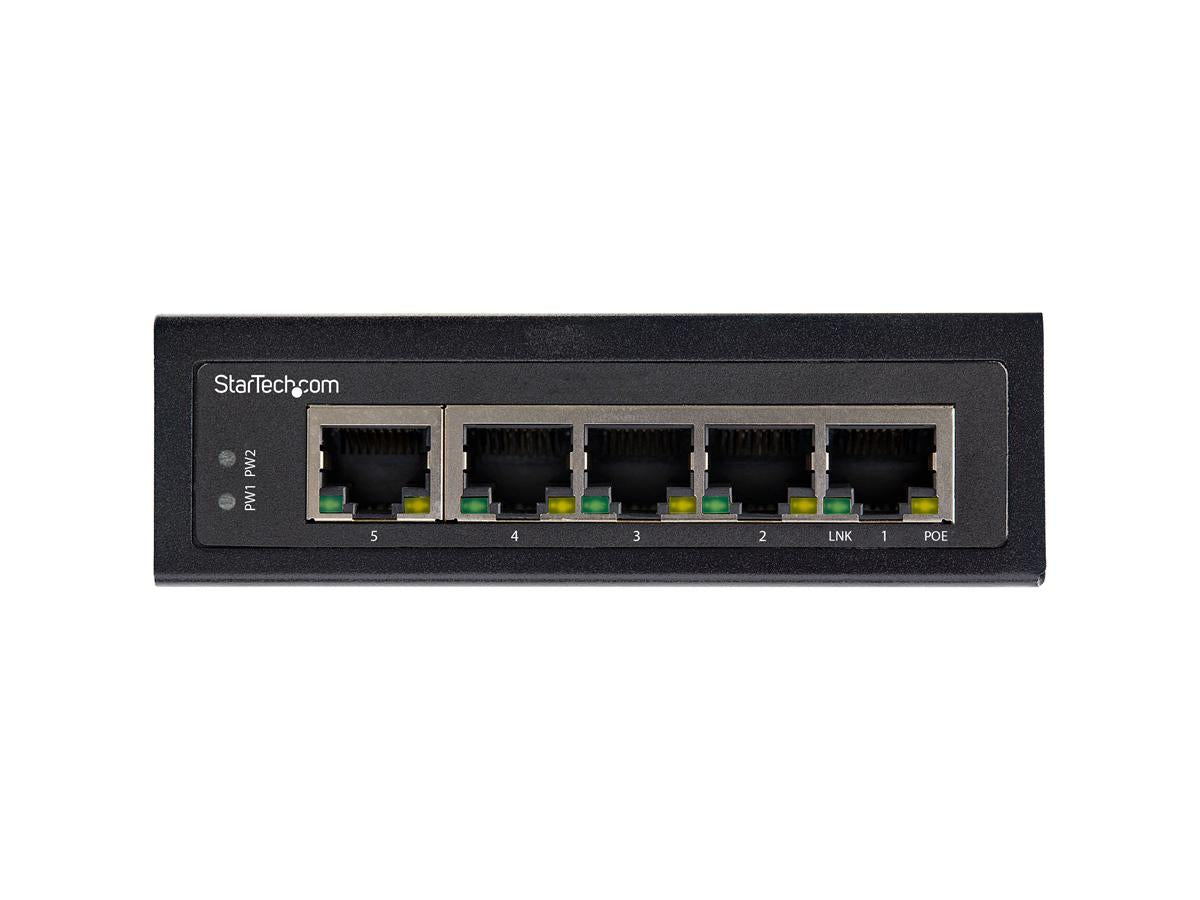 This industrial-grade 5-port Gigabit PoE+ switch by StarTech delivers up to 30W PSE power per port, supporting IEEE 802.3af/at standards for high-performance Power over Ethernet. Designed for extreme environments, it offers an IP-30 rating, robust aluminum housing, and redundant power inputs for uninterrupted operation in mission-critical deployments. The switch supports temperatures from -40°C to 75°C, making it ideal for industrial, factory floor, and outdoor cabinet use.