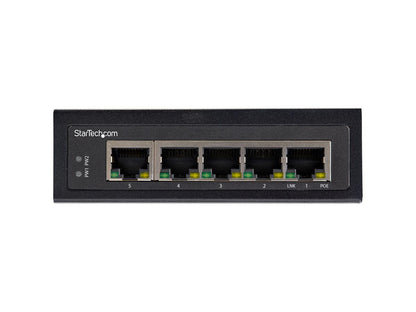 This industrial-grade 5-port Gigabit PoE+ switch by StarTech delivers up to 30W PSE power per port, supporting IEEE 802.3af/at standards for high-performance Power over Ethernet. Designed for extreme environments, it offers an IP-30 rating, robust aluminum housing, and redundant power inputs for uninterrupted operation in mission-critical deployments. The switch supports temperatures from -40°C to 75°C, making it ideal for industrial, factory floor, and outdoor cabinet use.