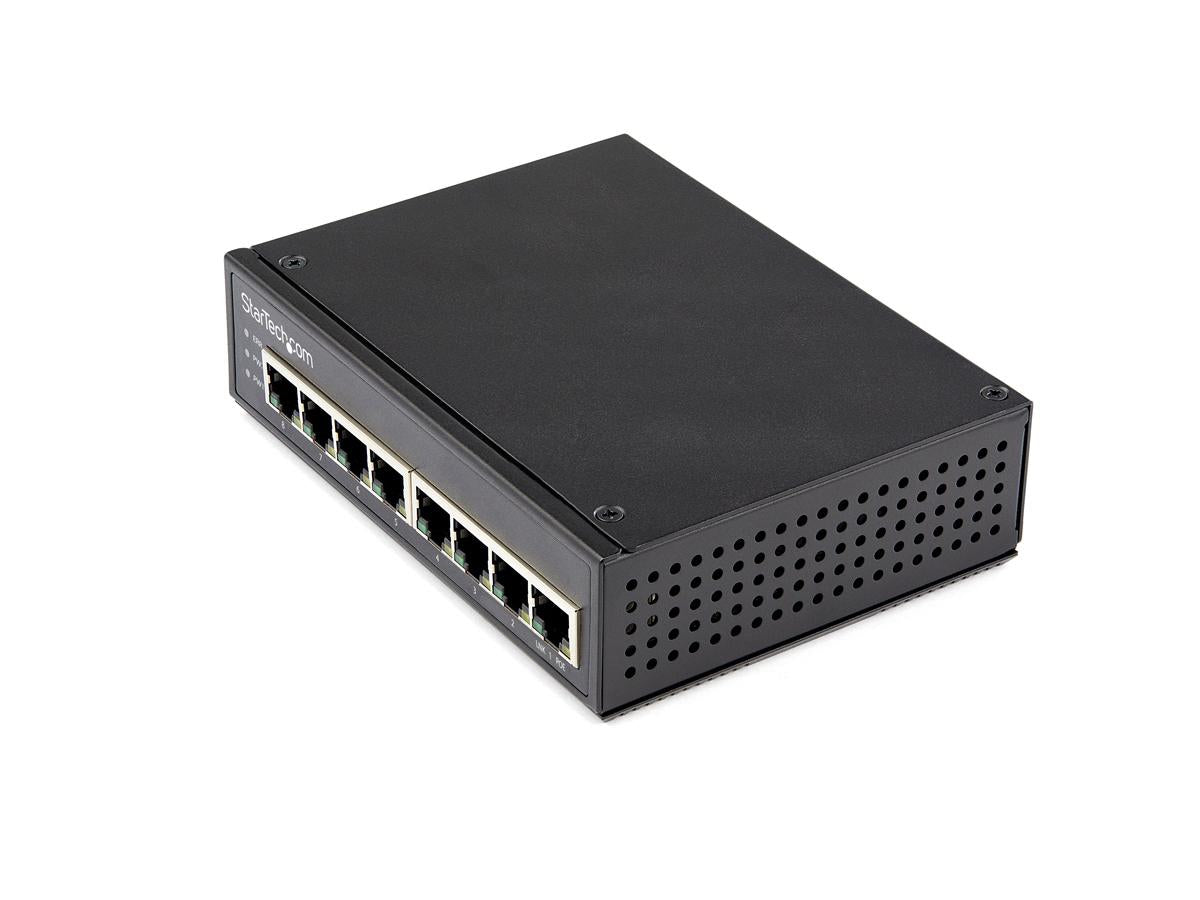 This Industrial 8-Port Gigabit PoE+ Switch by StarTech delivers high-performance Ethernet switching with 30W PSE power per port. Ideal for powering PoE-enabled devices in demanding environments, it supports IEEE 802.3af/at standards, features DIN/wall mounting options, and operates in wide temperature ranges. Engineered for industrial strength, it ensures secure, reliable networking with a rugged IP-30 rated chassis and redundant power inputs.