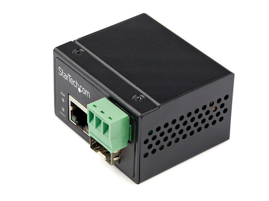 Fiber to Ethernet Media Converter extends networks & converts optical fiber to RJ45 Copper/CAT6 - Industrial Hardened -40 to 75C temp - 100Mbps - Open SFP - 12V-56VDC - Single Mode (SMF) or Multimode Fiber (MMF) - IP-30 Case 2 Year Warranty