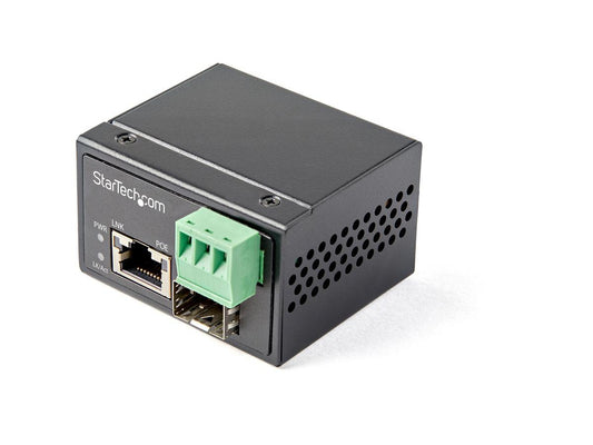 This industrial-grade StarTech IMC1GSFP30W media converter enables seamless conversion between fiber and copper Ethernet while supplying up to 30W of PoE+ power to connected devices. Optimized for high-performance networking, it features a Gigabit SFP slot, RJ45 port, and rugged IP-30-rated aluminum housing ideal for demanding environments. IEEE 802.3af/at compliance ensures broad compatibility with powered devices.