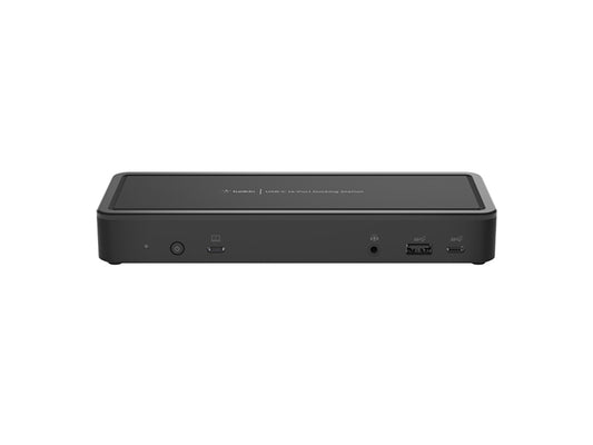 The Belkin USB-C Triple Display Dock (INC003TTBK) is a 14-port docking station designed to expand your laptop's connectivity while enhancing productivity. It features HDMI 2.0, DisplayPort 1.4, USB-C, USB-A, Gigabit Ethernet, and a 3.5mm combo audio jack, with support for up to three external displays at up to 4K resolution. Ideal for modern professionals, this TAA-compliant dock also provides 65W of Power Delivery, streamlining your workspace with a single-cable solution.