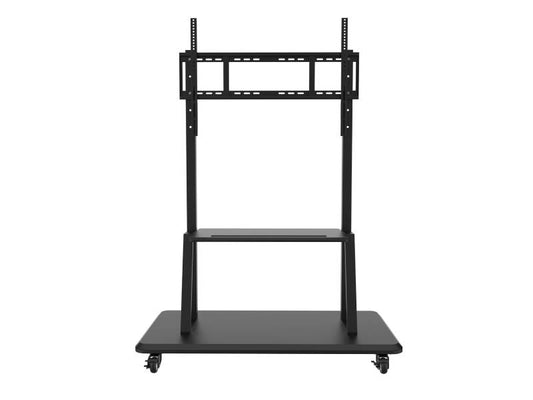 The BenQ IT1002 is a robust rolling stand designed for interactive flat panels from 55 to 98 inches, supporting up to 330.7 lbs. Featuring a nylon construction in black, VESA compatibility up to 800 x 600 mm, and a built-in shelf for peripherals, it offers excellent mobility and stability across professional AV setups.