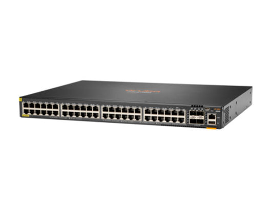 The Aruba 6300F 48G CL4 PoE+ 4SFP56 is part of the Aruba CX 6300 Switch Series designed for high-performance enterprise networking. It features 48 PoE+ ports delivering up to 30W per port and 4 SFP56 uplink ports supporting speeds up to 50Gbps. Powered by a quad-core ARM Cortex A72 processor and 8GB of DDR4 RAM, it offers robust management, high throughput, and advanced Layer 3 routing capabilities for scalable and future-ready deployments.