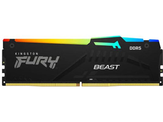 The Kingston FURY Beast RGB 32GB DDR5 kit offers high-performance memory solutions with a speed of 5200MT/s and latency of CL40. Featuring a DIMM form factor, this kit of 2 modules enhances system responsiveness and is designed with RGB aesthetics for gaming and high-end computing systems.