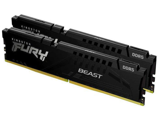 The Kingston 64GB 5200MHz DDR5 CL40 FURY Beast Black kit delivers next-gen performance for high-demand computing. This dual-DIMM kit provides 64GB total capacity, combining speed and capacity in a TAA-compliant configuration designed for modern desktops and workstations. Ideal for professionals and gamers seeking smooth multitasking and system acceleration.