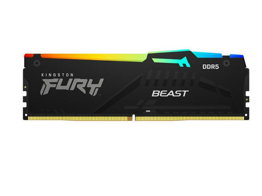 The Kingston 16GB DDR5 5600MT/s FURY Beast RGB EXPO kit delivers next-gen performance with eye-catching RGB lighting for PC enthusiasts and gamers. This kit, consisting of two 8GB modules, features a low CAS latency of CL36 and operates at an efficient 1.25V supply. Optimized for high-speed computing with DDR5 technology and EXPO profiles, it meets the demands of modern systems.