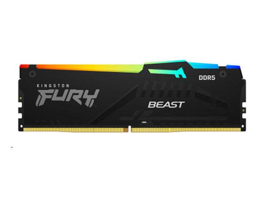 The Kingston 32GB 5600MT/s DDR5 CL36 FURY Beast RGB is a high-performance desktop memory kit designed for gamers and creators seeking ultra-fast speeds and stylish flair. This kit includes two 16GB DDR5 DIMMs with aggressive latency timings and vibrant RGB lighting, enabling optimized multitasking and impressive visual appeal.