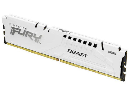 The Kingston FURY Beast 16GB DDR5 5600MT/s CL36 DIMM module delivers high-speed performance with a touch of style, ideal for gaming and advanced computing builds. Featuring EXPO support and a sleek white design, this memory upgrade offers both form and function for demanding users. Engineered for speed and designed for compatibility, it meets TAA compliance and is manufactured in Taiwan.