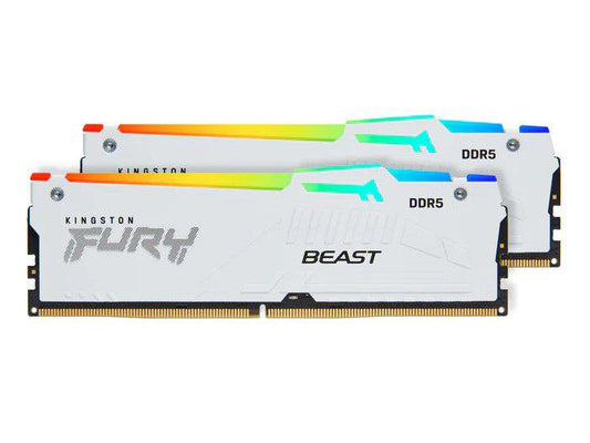 The Kingston FURY Beast 64GB DDR5 kit delivers high-performance memory in a sleek white RGB package. Operating at 5600MT/s with low-latency CL36, it's designed for demanding tasks and high-end desktops supporting DDR5 and AMD EXPO profiles. Ideal for users seeking reliable speed and aesthetic appeal.
