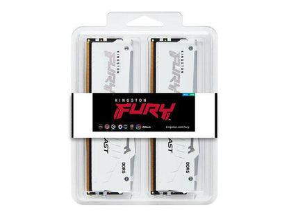 Kingston's 32GB Fury Beast DDR5 RGB kit (KF556C40BWAK2-32) delivers high-speed 5600MT/s performance with low CL40 latency in a stylish white design. Ideal for high-end desktops, this dual-module kit adds visual flair with RGB lighting while maintaining TAA compliance for government and enterprise use. It's built with Kingston's reliability and backed by quality manufacturing in Taiwan.